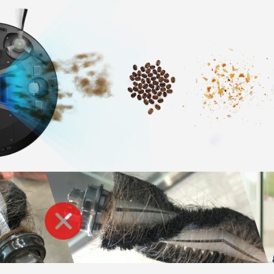 Aspirador robô mostrando processo de limpeza, cabos com e sem limpeza e pessoa preocupada