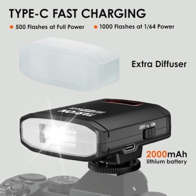 Flash fotográfico TRION SYSTEM S101 preto com difusor extra branco translúcido e saída de luz brilhante
