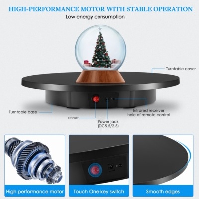 Base rotativa preta com botão vermelho e motor interno para exibição