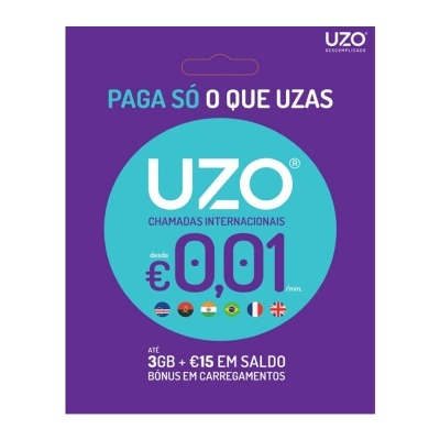Cartão SIM UZO para chamadas internacionais com preços e bônus em destaque