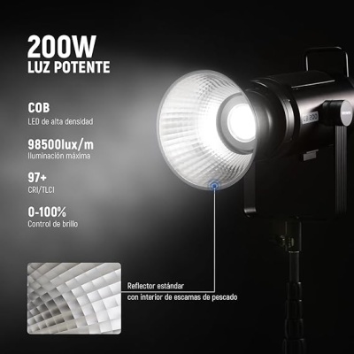 Luz de estúdio LED COB preta com reflector em escamas, texto técnico ao lado.
