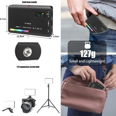 Dispositivo portátil preto com luzes LED coloridas e inscrições técnicas, mostrado com dimensões e em uso no bolso e bolsa.