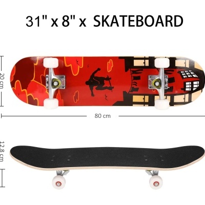 Skateboard com padrão vermelho, preto e bege, com texto e medidas de tamanho