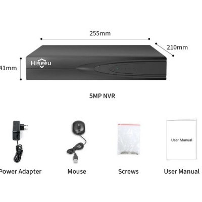 Dispositivo eletrônico Hiseeu 5MP NVR com acessórios em fundo branco