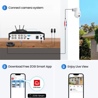 Sistema de vigilância com câmara, gravador e app ZOSI Smart num telemóvel