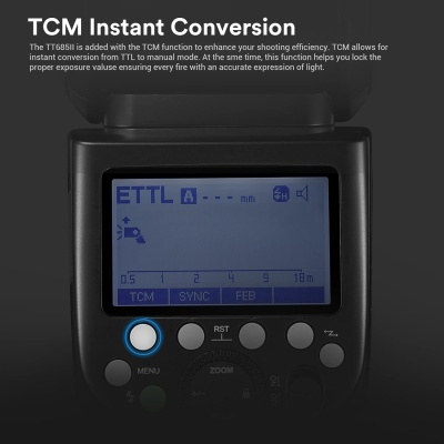 Ecrã de dispositivo eletrônico com texto ETTL A e botões abaixo
