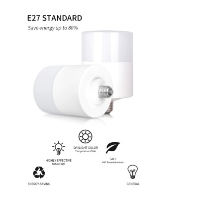 Duas lâmpadas E27 LED brancas com base de metal, ícones e texto explicativo