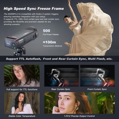 Imagem promocional do flash Godox AD200Pro com texto e fotos de modelos