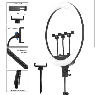 Anel de luz branco com suporte para telemóvel preto e acessórios montados mostrando dimensões e características.