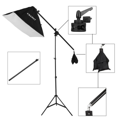 Estúdio fotográfico com suporte, softbox preto e branco, contrapeso e acessórios de fixação