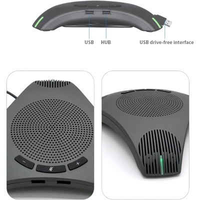 Dispositivo eletrônico preto triangular com botões, orifícios para som e portas USB.