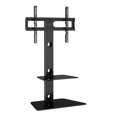 Suporte para TV preto com prateleiras de vidro e estrutura metálica