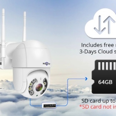 Câmara de vigilância branca com antenas e texto promocional sobre armazenamento