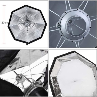Refletor octagonal fotográfico prateado e branco de 120cm