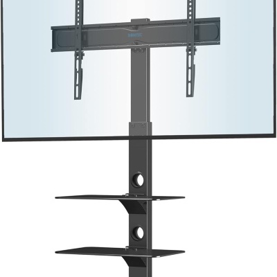 Suporte de televisão preto em metal com prateleiras e base sólida
