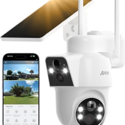 Câmara de vigilância branca ANRAN com painel solar e telemóvel a mostrar imagens de segurança
