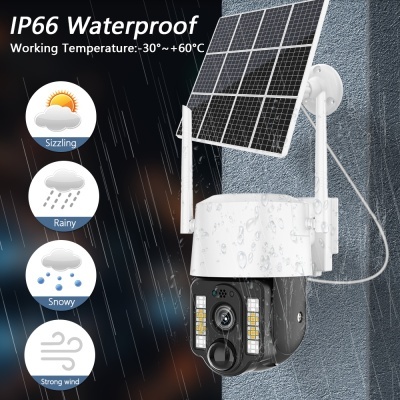 Câmara de segurança com painel solar montada numa parede com texto IP66 Waterproof e ícones de condições meteorológicas