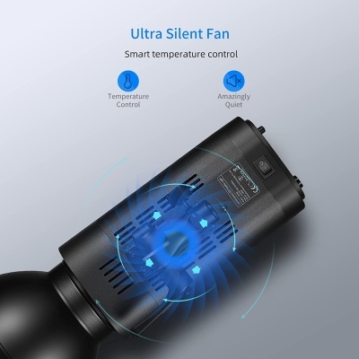 Ventoinha preta ultrassilenciosa com controlo de temperatura e gráficos azuis de fluxo de ar