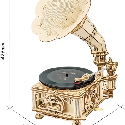 Gramofone decorativo de madeira com toca discos em forma de flor