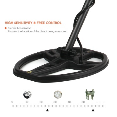 Base preta de detector de metais com texto em inglês ao fundo