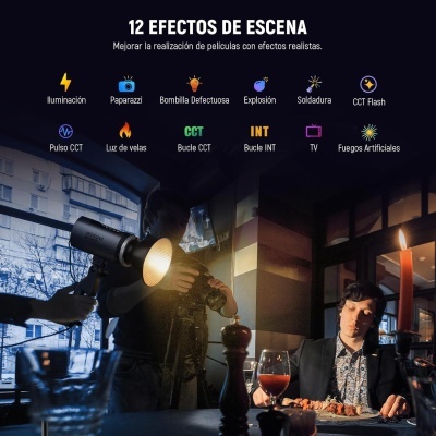 Imagem promocional com 12 efeitos de cena para iluminação de filmagens e uma pessoa a usar dispositivo LED numa mesa de jantar
