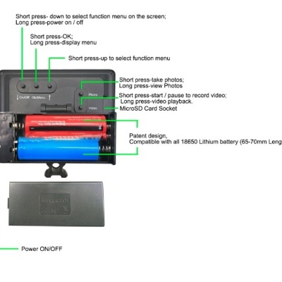 Dispositivo eletrônico preto com baterias e instruções em inglês