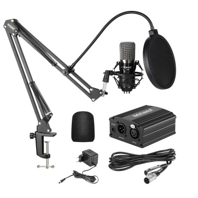 Kit de gravação áudio com microfone condensador, suporte, filtro pop, interface e cabos