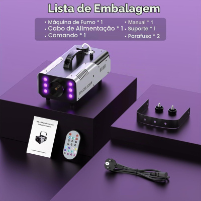 Máquina de fumo LED-1200 com acessórios e manual sobre superfícies roxas