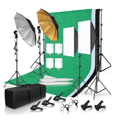 Conjunto de equipamento de estúdio fotográfico com guarda-chuvas e pano de fundo