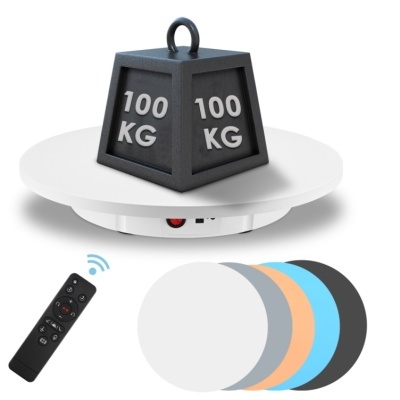 Placa giratória branca com peso de 100 KG e controlo remoto preto com capas coloridas