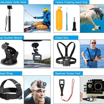 Seis acessórios para câmeras de ação incluindo pau de selfie, empunhadura flutuante, suporte de ventosa, arnês de peito, cinta de cabeça e ferramenta para parafusos.