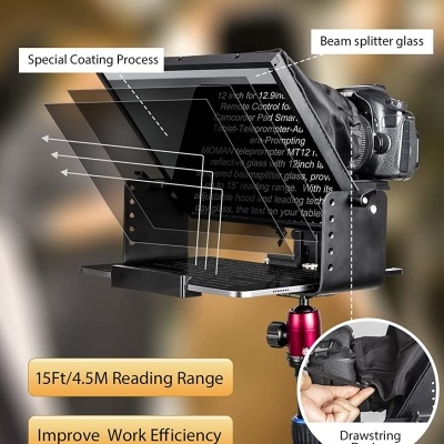 Aparelho com visor HD de 12 polegadas montado numa câmara preta e suporte de tripé.