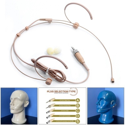 Microfone headset bege com cabo e espuma amarela