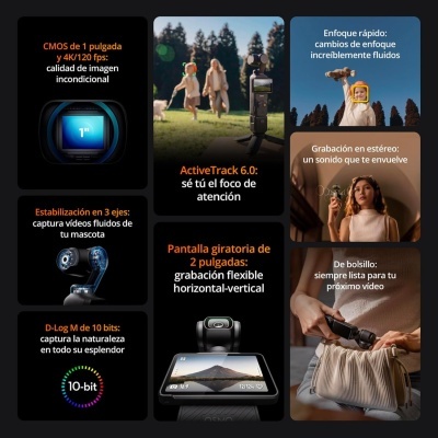 Câmara digital preta com ecrã e texto promocional em várias caixas à volta