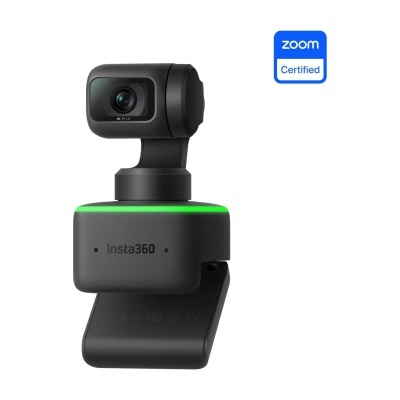 Câmara Insta360 preta com anel luminoso verde e selo Zoom Certified