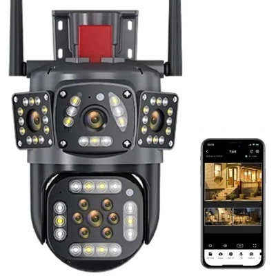 Câmera de vigilância preta com múltiplas lentes e LEDs e smartphone com aplicação de vigilância