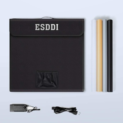 acessórios de estúdio ESDDI com suporte preto, três rolos de fundo coloridos, carregador e cabo USB