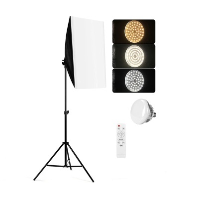 Conjunto de luz com tripé, softbox, lâmpada LED e comando remoto