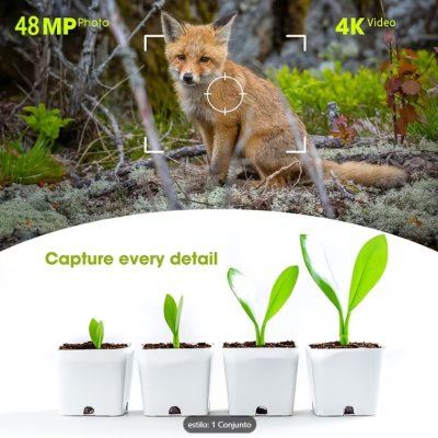 Raposa na floresta com foco da câmara e texto 48 MP Photo e 4K Video; quatro plantas em vasos brancos com texto Capture every detail.