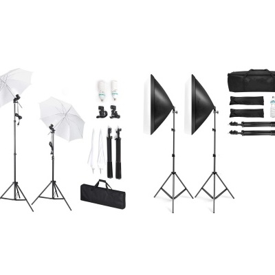 Equipamento de iluminação para estúdio fotográfico com tripés, guarda-chuvas brancos, luzes LED, refletoras e mochila