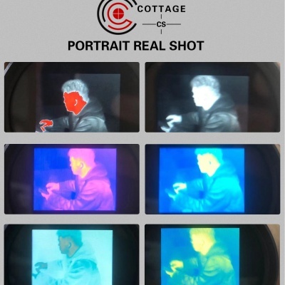 Seis retratos térmicos coloridos de uma pessoa em perfil com tráfego de cores diferentes, sob título 'COTTAGE CS PORTRAIT REAL SHOT'