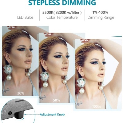 Demonstração de diferentes níveis de luz ajustável em três fotos de uma mulher com texto sobre temperatura e alcance de dimmização