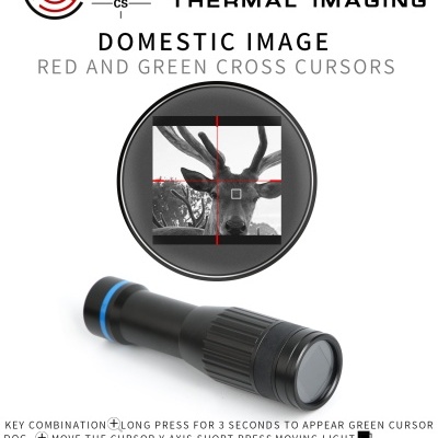 Monocular térmico preto com mira e veado numa imagem térmica no centro