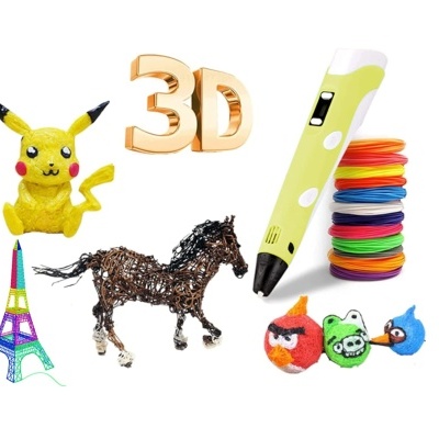 Caneta 3D branca e verde com fios coloridos e figuras 3D feitas à mão