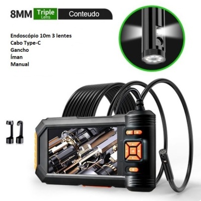 endoscópio com cabo longo e controle com botões, exibindo imagem técnica