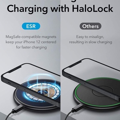 Comparação de carregadores wireless com smartphones e legendas em inglês.