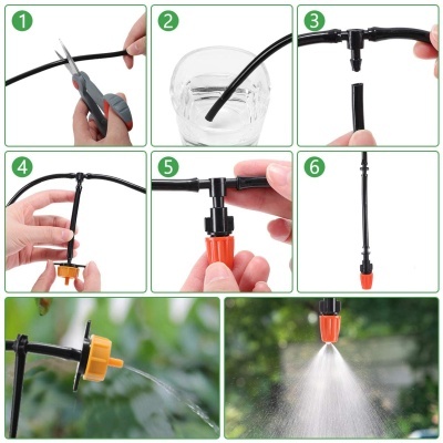 Montagem e uso de sistema de irrigação com tubo preto, conetor em T e torneira laranja