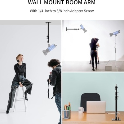 Wall mount boom arm preto em estúdio fotográfico e numa secretária