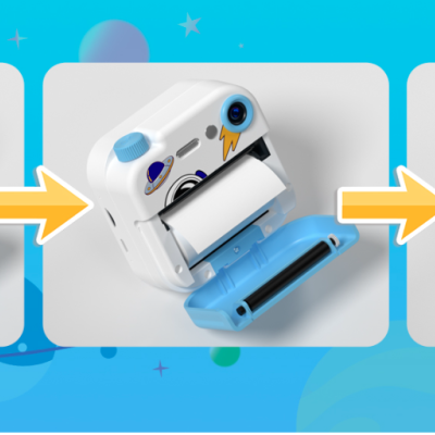 Sequência de uso de uma impressora portátil branca com botões e impressão colorida