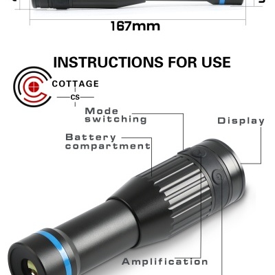 Lanterna preta com anéis azuis e etiquetas de funções